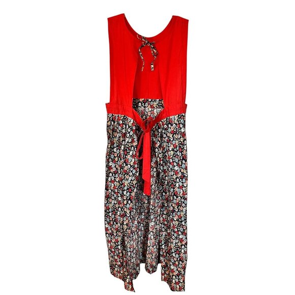 Vintage Womens Tie Apron Handmade Red Top Blue Floral Skirt Wrap Around Bow Long - Picture 2 of 7